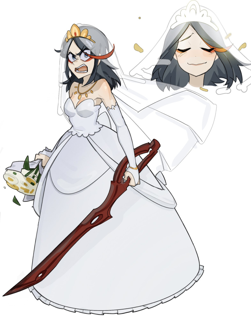 1girl bare_shoulders black_hair bouquet breasts bridal_veil cleavage closed_eyes dress eyeliner facing_viewer fingerless_gloves full_body gloves highres holding holding_blade holding_bouquet holding_weapon kill_la_kill kuri_(8mr4i9afb6bmulu) long_dress looking_at_viewer makeup matoi_ryuuko medium_hair multicolored_hair multiple_views open_mouth red_eyeliner red_hair scissor_blade_(kill_la_kill) simple_background single_fingerless_glove sleeveless sleeveless_dress standing streaked_hair teeth tiara two-tone_hair upper_body veil weapon wedding_dress white_background white_dress white_gloves