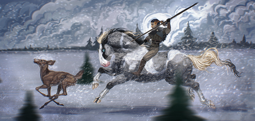 belt blue_eyes deer digital_media_(artwork) digital_painting_(artwork) duo feral grey_body hair hi_res highlights_(coloring) hooves horse_ears horse_tail human hunting long_boots male mammal markings melee_weapon mount/rider_relations pink_nose polearm ponynok ponytail running skjavr_(ponynok) snow spear weapon white_markings