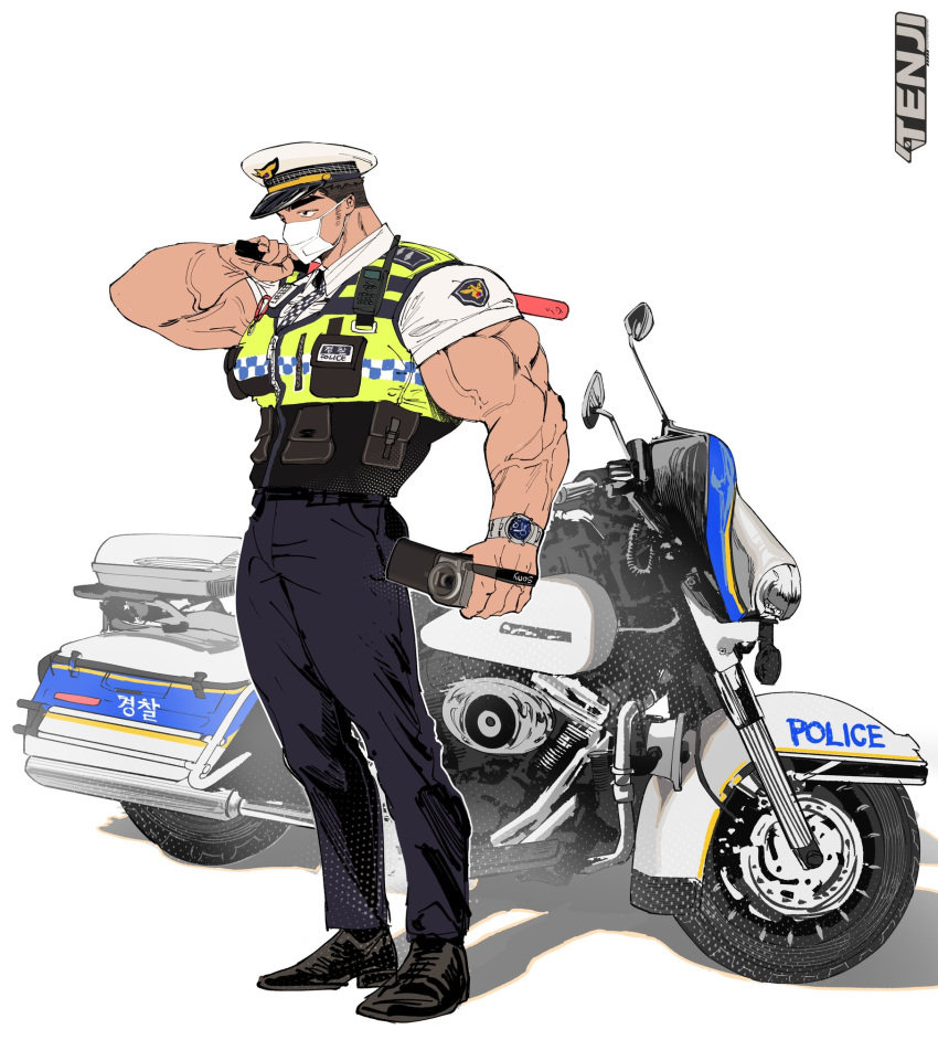 1boy bara biceps black_hair bulletproof_vest camera full_body hat highres holding holding_camera male_focus mask mature_male motor_vehicle motorcycle mouth_mask muscular muscular_male original police police_hat police_uniform policeman shadow short_hair sideburns simple_background solo tenji_(tenji_89) thick_eyebrows uniform veins veiny_arms walkie-talkie watch white_background wristwatch