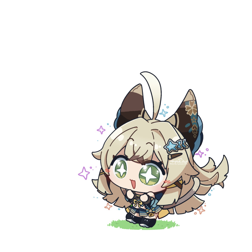 +_+ 1girl ahoge animal_feet arikuigames1105 bow brown_hair cat_feet cat_tail chibi chibi_only crossed_bangs excited full_body genshin_impact green_eyes hair_bow hair_ornament hairclip highres kirara_(genshin_impact) leg_warmers light_brown_hair long_hair multiple_tails nekomata open_mouth simple_background skirt smile solo tail two_tails vest white_background