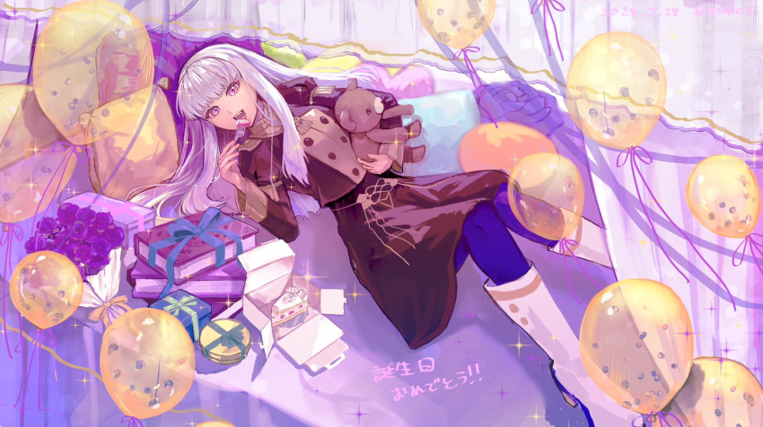 1girl balloon blue_pantyhose book boots bouquet box buttons commentary_request curtains dated fire_emblem fire_emblem:_three_houses flower fork garreg_mach_monastery_uniform gift gift_box highres holding holding_fork iipzeyjhms0dohl long_hair long_sleeves looking_at_viewer lying lysithea_von_ordelia open_mouth pantyhose pillow pink_eyes purple_flower purple_rose rose smile solo stuffed_animal stuffed_toy teddy_bear teeth uniform upper_teeth_only white_footwear white_hair