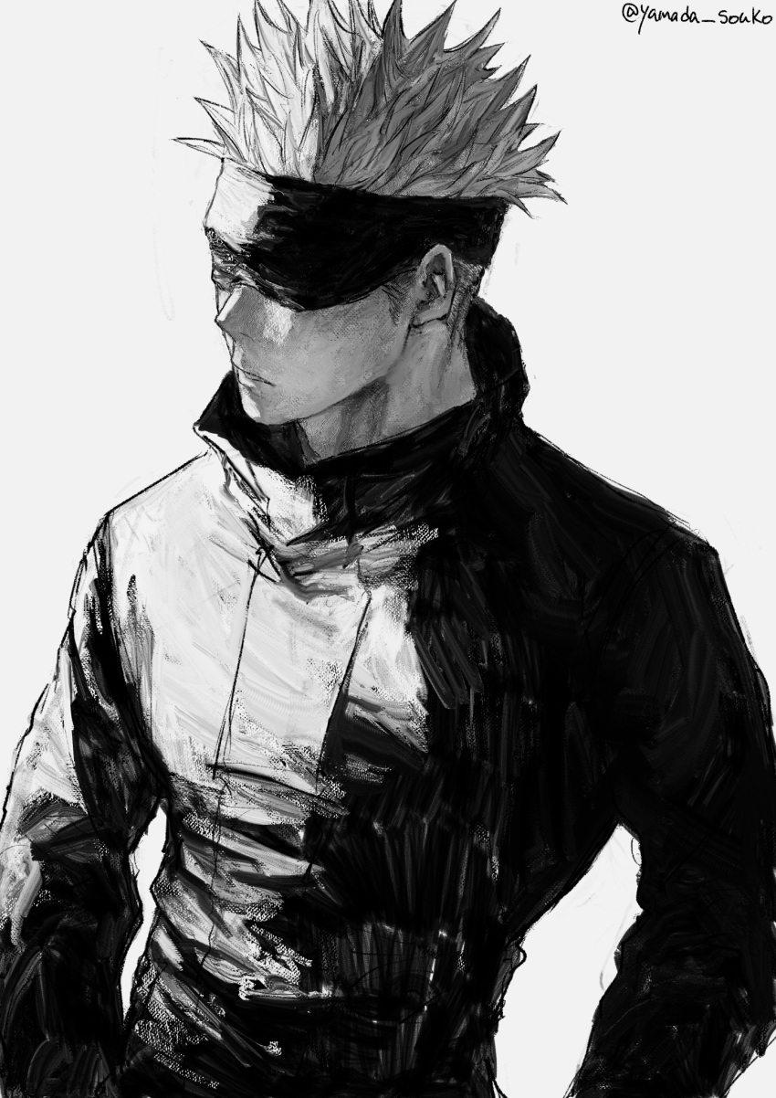 1boy blindfold covered_eyes gojou_satoru greyscale highres jacket jujutsu_kaisen kuwoniagyu11112 long_sleeves male_focus monochrome parted_lips short_hair simple_background solo twitter_username upper_body