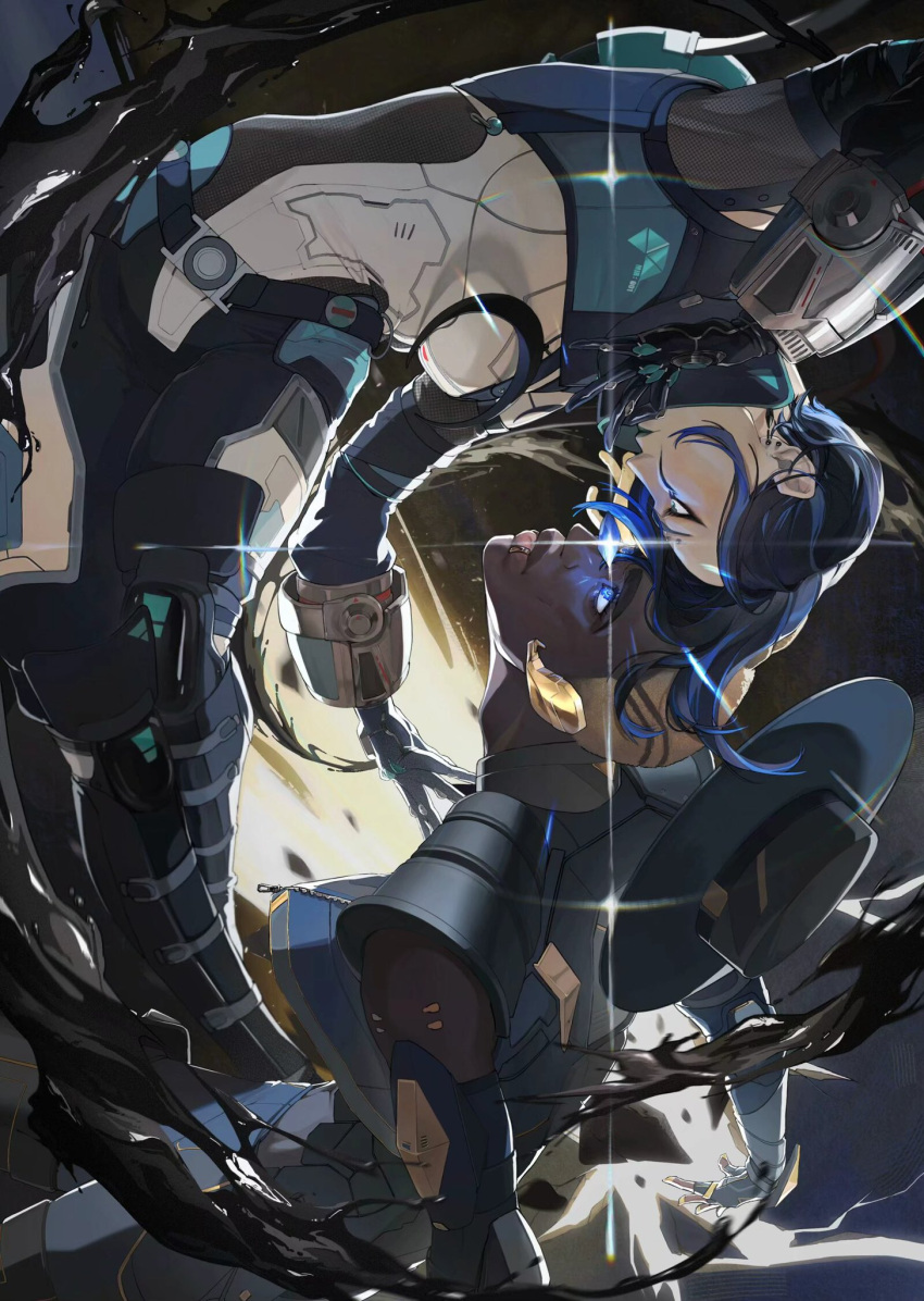 1boy 1girl apex_legends black_bodysuit black_gloves black_hair blue_eyes blue_hair blue_hat blue_jacket bodysuit bohe-menthe breasts buzz_cut catalyst_(apex_legends) crescent dark-skinned_male dark_skin eye_contact eyebrow_piercing floating_hair glint gloves hair_behind_ear hat highres jacket knee_pads lip_piercing liquid looking_at_another medium_breasts multicolored_hair open_hand piercing seer_(apex_legends) short_hair sleeveless sleeveless_jacket streaked_hair unworn_hat unworn_headwear very_short_hair white_bodysuit