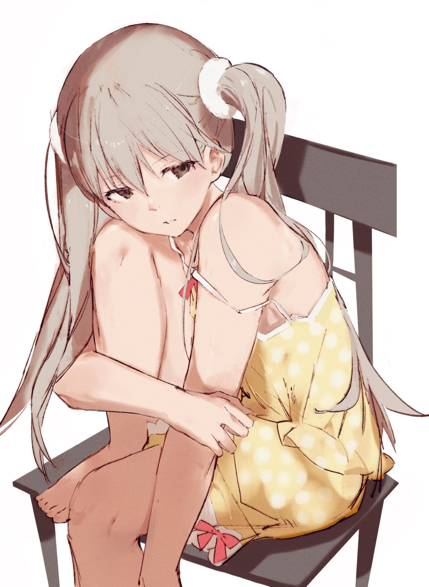 1girl bare_shoulders barefoot bow bow_camisole bow_shorts brown_eyes camisole chair commentary curled_up foot_out_of_frame from_side grey_hair hair_between_eyes hand_on_own_arm highres hugging_own_legs knee_up long_hair looking_at_viewer looking_to_the_side moku_(muooku) monogatari_(series) oikura_sodachi on_chair owarimonogatari pajamas parted_lips pink_bow polka_dot polka_dot_camisole polka_dot_shorts scrunchie shorts simple_background sitting solo spaghetti_strap strap_slip toes twintails very_long_hair white_background white_scrunchie yellow_camisole yellow_pajamas yellow_shorts