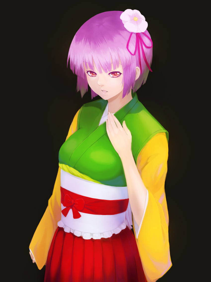 1girl black_background commentary flower green_kimono hair_flower hair_ornament hakama hakama_skirt hieda_no_akyuu highres japanese_clothes kakone kimono long_sleeves looking_at_viewer purple_hair red_eyes red_skirt short_hair simple_background skirt solo touhou wide_sleeves