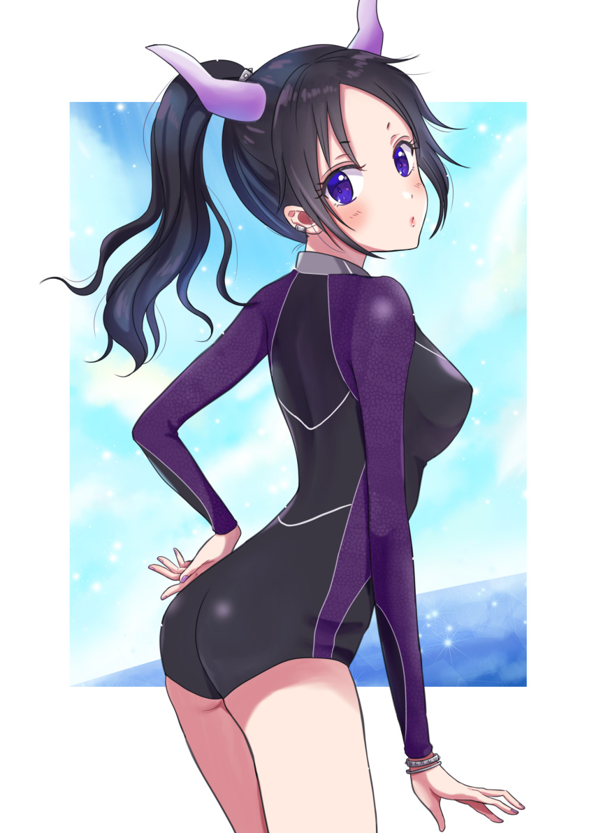 1girl absurdres black_hair black_leotard bracelet character_request cowboy_shot erect_nipples from_side highres horns jewelry kuroneko_w1nter leotard long_hair long_sleeves looking_at_viewer nail_polish pink_nails ponytail purple_eyes purple_sleeves shiny shiny_clothes solo standing