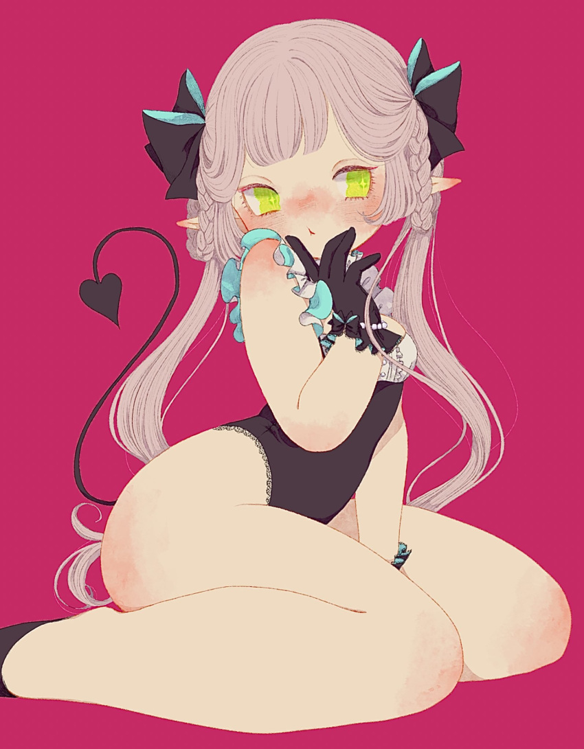 1girl blush bow braid breasts cleavage_cutout clothing_cutout demon_tail frilled_leotard frills gloves green_eyes grey_hair hair_bow highleg highleg_leotard highres leotard long_hair original pink_background pointy_ears pout simple_background small_breasts solo tail tonoko_(annin_tono) twintails