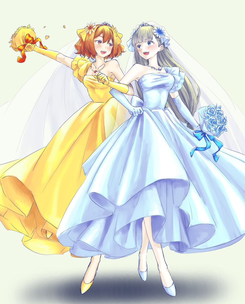 2girls :d banana_(8771207) blue_background blue_bow blue_dress blue_eyes blue_flower blue_ribbon blush bouquet bow brown_eyes commentary_request crossed_legs dress elbow_gloves flower full_body gloves green_background grey_hair hair_flower hair_ornament highres holding holding_bouquet jewelry kanne_(sousou_no_frieren) lawine_(sousou_no_frieren) locked_arms long_hair looking_to_the_side multiple_girls necklace one-piece_swimsuit outstretched_arm red_bow ribbon simple_background skirt_hold smile sousou_no_frieren standing standing_on_one_leg swimsuit tiara two_side_up watson_cross wedding_dress white_veil yellow_background yellow_dress yellow_gloves yellow_ribbon yuri