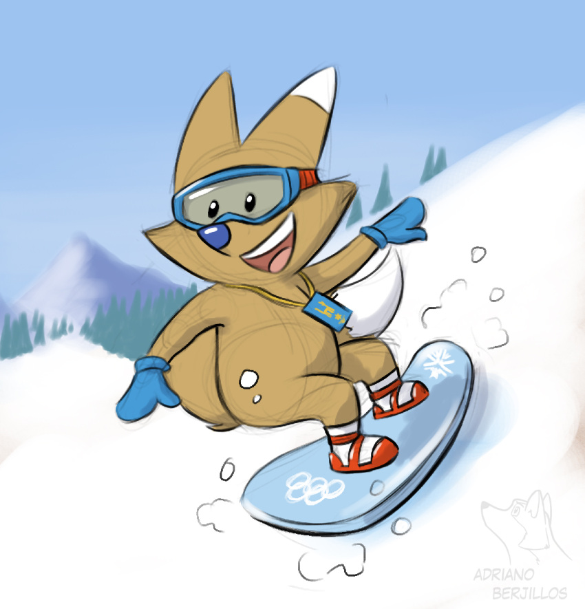 adriano_berjillos anthro blue_nose canid canine canis clothing collar_tag copper_(salt_lake_city_2002) coyote dot_eyes eyewear fur goggles handwear happy hi_res male mammal mittens mountain olympic_mascot olympics smile smiley_face snow snowboard snowboarding solo white_tipped_ears winter winter_olympic_games yellow_body yellow_fur