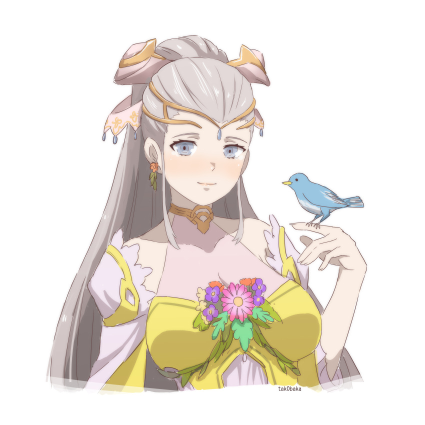 absurdres bird blue_bird blue_eyes dress earrings eir_(fire_emblem) fire_emblem fire_emblem_heroes flower flower_earrings highres jewelry long_hair long_sleeves ponytail sidelocks tak0baka tiara white_hair yellow_dress