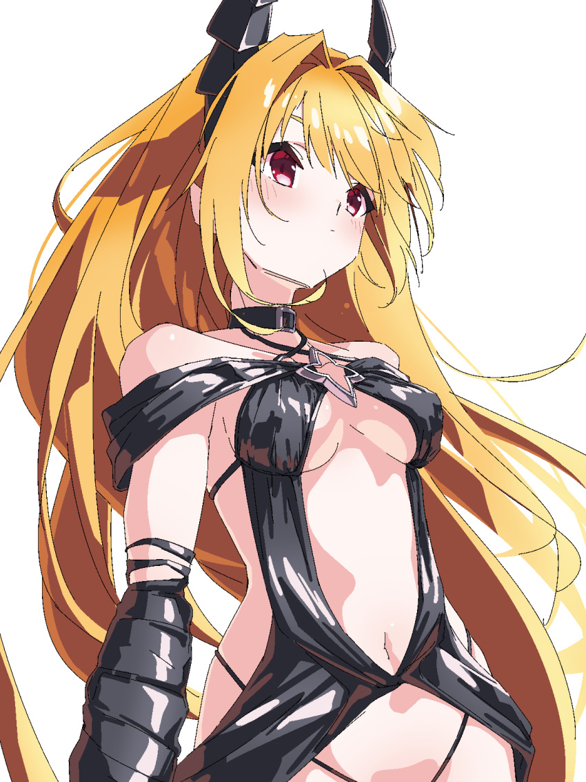 1girl bare_shoulders black_choker blonde_hair blush breasts choker commentary_request covered_nipples criss-cross_halter demon_girl demon_horns expressionless eyebrows_hidden_by_hair floating_hair hair_between_eyes hair_intakes halterneck highres horns kame_0_0_kame konjiki_no_yami long_hair medium_breasts navel red_eyes simple_background sketch solo to_love-ru to_love-ru_darkness upper_body very_long_hair white_background