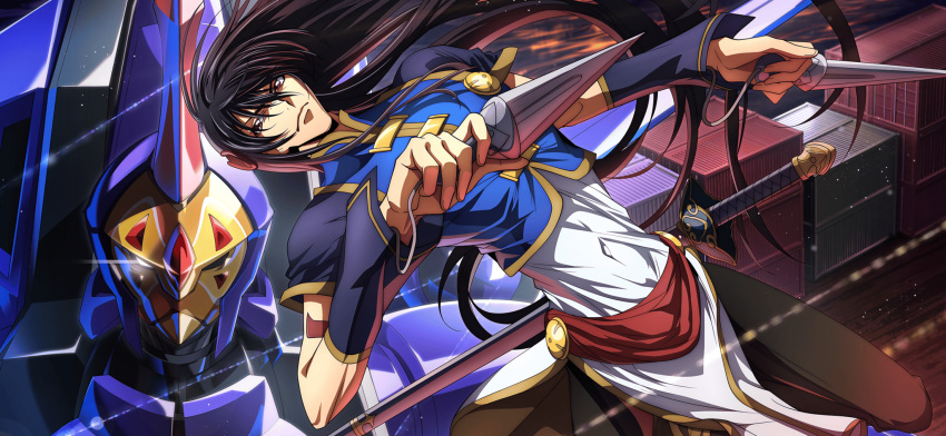 1boy artist_request black_hair black_leggings blue_shirt brown_eyes chinese_clothes closed_mouth code_geass code_geass:_lost_stories covered_navel crop_top dual_wielding eye_trail floating_hair game_cg glowing glowing_eye gold_trim hair_between_eyes hair_ornament highres holding kunai leggings li_xingke light_trail long_hair looking_to_the_side male_focus mecha night non-web_source official_art outdoors raglan_sleeves robot serious sheath sheathed shen_hu_(code_geass) shipping_container shirt short_sleeves sidelocks solo straight-on string sword tunic very_long_hair weapon white_eyes