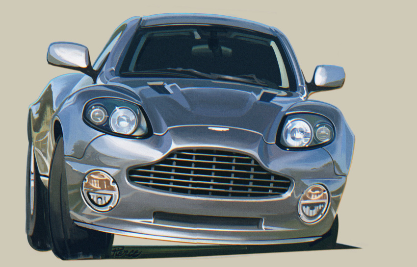 artist_name aston_martin aston_martin_vanquish brown_background car chibi grey_car highres motor_vehicle no_humans original shadow sports_car stitched vehicle_focus will_pierce