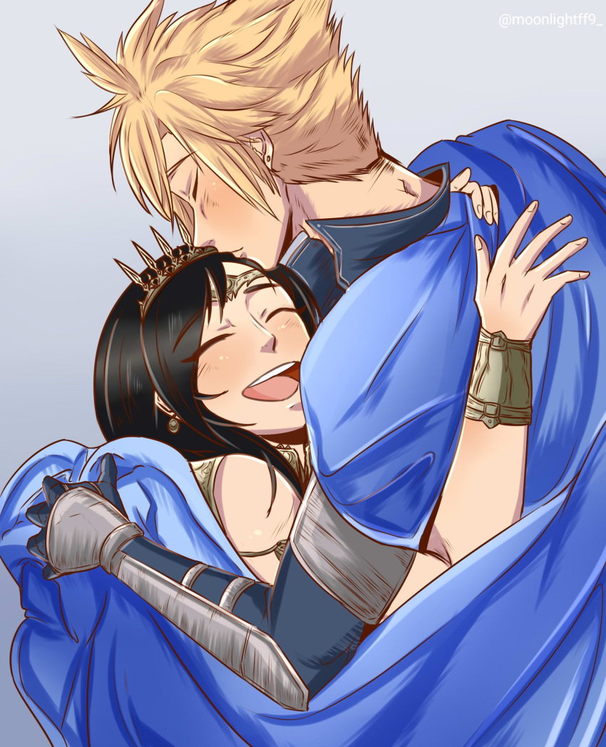 1boy 1girl bare_shoulders black_hair blonde_hair blue_cape blue_jacket blush bracelet cape circlet closed_eyes cloud_strife commentary couple crown earrings english_commentary final_fantasy final_fantasy_vii final_fantasy_vii_rebirth final_fantasy_vii_remake gradient_background highres hug jacket jewelry long_hair moonlightff9 official_alternate_costume open_mouth princess_rosa_costume short_hair smile spiked_hair stud_earrings teeth tiara tifa_lockhart twitter_username upper_body upper_teeth_only