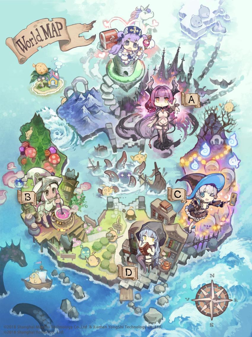 5girls absurdres arkhangelsk_(azur_lane) arkhangelsk_(supporting_sorceress)_(azur_lane) azur_lane black_hat boat bookshelf cauldron cellphone chibi compass demon_horns devonshire_(azur_lane) devonshire_(sadistic_demon)_(azur_lane) forest graveyard hat highres holding holding_staff horns ice jade_(a_good_girl's_magic)_(azur_lane) jade_(azur_lane) konno_takashi manjuu_(azur_lane) multiple_girls mushroom nature nubian_(azur_lane) nubian_(normal_potion_maker)_(azur_lane) official_alternate_costume official_art phone purple_hair selfie_stick shipwreck smartphone staff tentacles tombstone unicorn_(azur_lane) unicorn_(snow_white_guardian_angel)_(azur_lane) water watercraft waves white_hat witch_hat