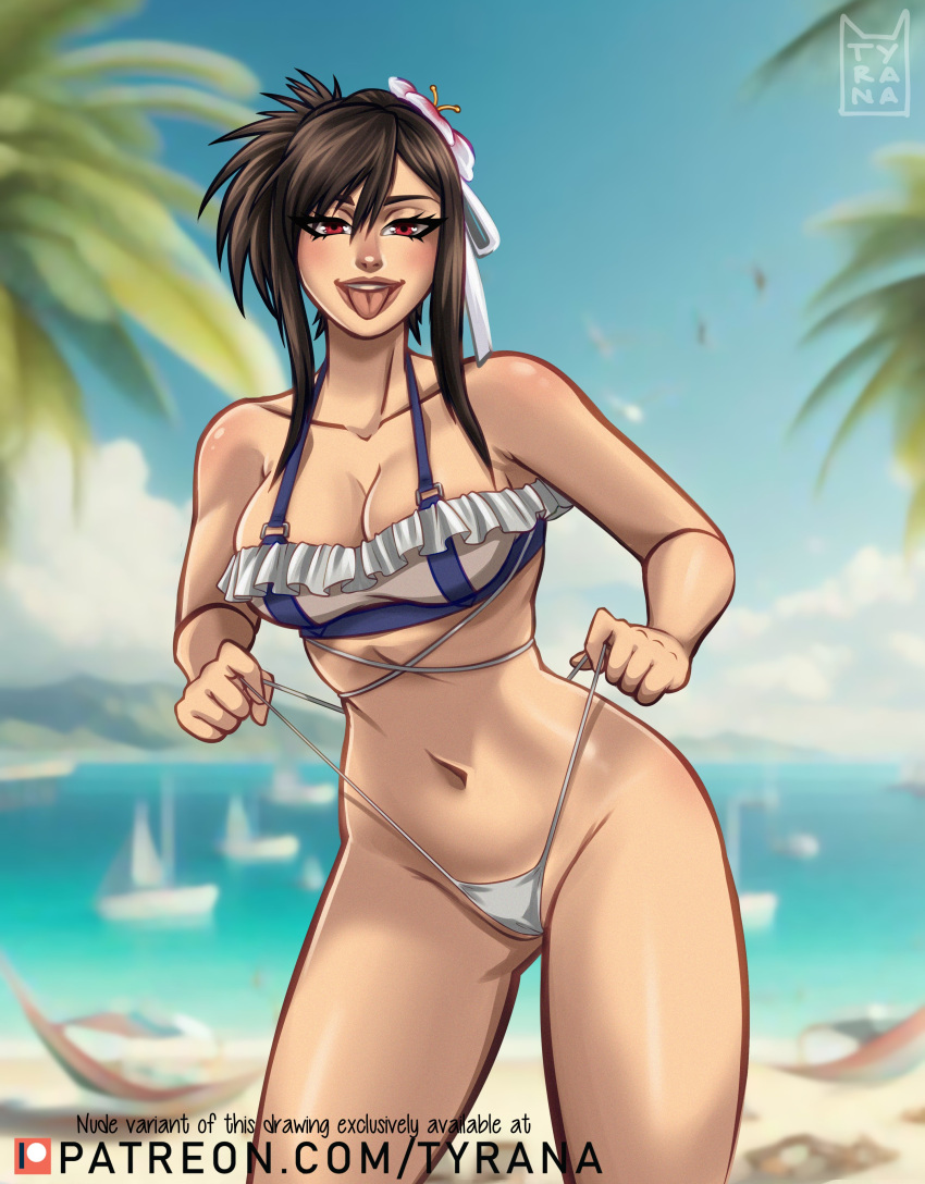 absurdres beach belly bikini black_hair blurry blurry_background breasts brown_eyes cleavage cloud final_fantasy final_fantasy_vii final_fantasy_vii_rebirth final_fantasy_vii_remake flower frilled_bikini frilled_bikini_top frills hair_flower hair_ornament highres navel ocean official_alternate_costume official_alternate_hairstyle palm_tree ship smile stomach swimsuit thighs thong_bikini tifa_lockhart tifa_lockhart_(shining_spirit) tongue tongue_out tree tyrana91 watercraft white_bikini