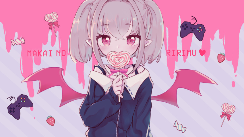 1girl black_jacket blush candy covered_mouth demon_wings food fruit grey_hair heart heart-shaped_lollipop highres jacket karunabaru lollipop looking_at_viewer makaino_ririmu nijisanji pink_eyes pink_ribbon pink_wings pointy_ears ribbon shaped_lollipop strawberry upper_body virtual_youtuber wings wrapped_candy xbox_controller