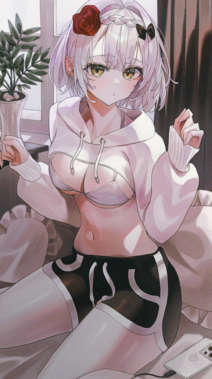 1girl absurdres bikini bikini_under_clothes black_shorts blush cellphone curtains drawstring feet_out_of_frame flower genshin_impact green_eyes grey_hair gym_shorts hair_flower hair_intakes hair_ornament hands_up highres hood hood_down hoodie indol indoors long_sleeves looking_at_viewer noelle_(genshin_impact) parted_lips phone red_flower red_rose rose short_hair short_shorts shorts shrug_(clothing) sitting sleeve_cuffs smartphone solo swimsuit vase white_bikini window