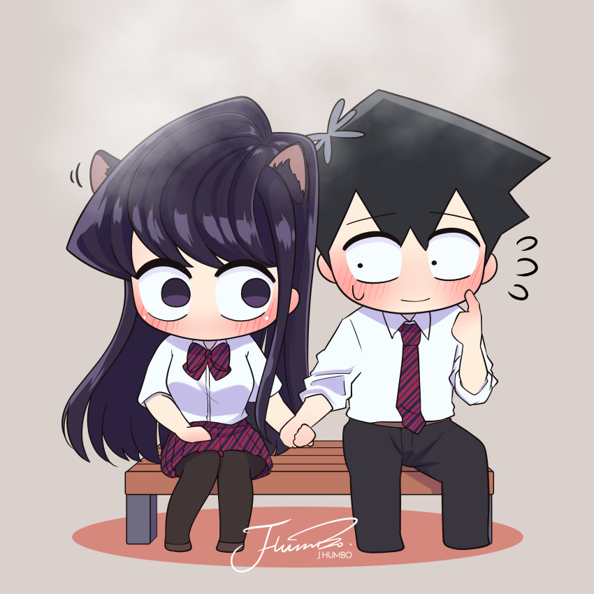 1boy 1girl absurdres animal_ear_fluff animal_ears belt black_hair black_pants black_pantyhose blush brown_belt cat_ears chibi closed_mouth collared_shirt diagonal-striped_clothes diagonal-striped_necktie diagonal-striped_skirt dress_shirt extra_ears flower grey_background hair_flower hair_ornament hand_up highres holding_hands j_humbo komi-san_wa_komyushou_desu komi_shouko long_hair looking_at_another motion_lines necktie no_mouth no_nose on_bench pants pantyhose purple_eyes purple_hair red_necktie red_skirt shirt short_hair simple_background sitting skirt steaming_body striped_clothes tadano_hitohito very_long_hair white_shirt