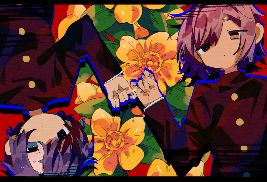 2boys absurdres blue_eyes blue_hair borrowed_character bright_pupils chromatic_aberration closed_mouth commentary_request flower gakuran highres jacket long_sleeves male_focus multiple_boys original red_eyes red_hair red_jacket school_uniform translated uenomigi white_pupils yellow_flower