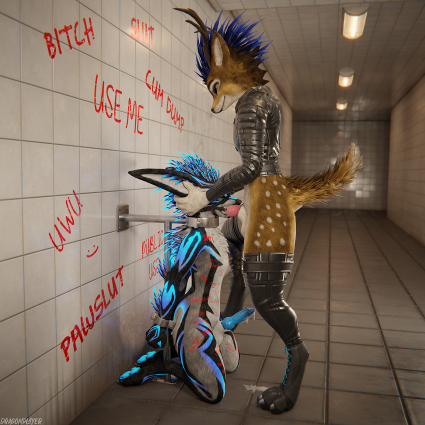 1:1 3d_(artwork) 4k absurd_res animal_genitalia animal_penis anthro anthro_on_anthro arms_tied armwear balls bdsm biped black_body black_clothing black_fur blender_(software) blender_cycles blue_body blue_fur blue_penis bodily_fluids body_writing bondage bondage_gear boots bound canid canine canine_genitalia canine_penis claws clothed clothing collar cuff_(restraint) cum cum_drip cum_dripping_from_face cum_dripping_from_penis cum_in_mouth cum_inside cum_on_face cum_on_ground cum_on_penis cumshot deer depth_of_field digital_media_(artwork) dominant dominant_male dragonplayer dragonplayer_(character) dripping duo ejaculation english_text erection feet feet_up fellatio foot_on_thigh footwear forced forced_fellatio fox fur gag genital_fluids genitals glistening glistening_body grey_body grey_fur hair hand_on_head hands-free hands_behind_back hands_on_back hi_res hindpaw holding_leg humiliation hybrid inside jacket kneeling kneeling_on_ground kneeling_oral_position knot knot_in_mouth latex latex_clothing leather leather_clothing leather_jacket leather_legwear leather_thigh_highs leather_topwear legwear male male/male mammal masturbation metal_collar mouth_closed multicolored_body on_ground open_mouth oral oral_masturbation oral_penetration orgasm orgasm_face paws penetration penile penis penis_in_mouth pink_penis public public_exposure public_humiliation public_nudity public_use pushing raised_leg red_text reflection restraints rexouium rubber_boots rubber_clothing sex short_tail silentdefang slim slim_anthro slim_male slim_sub smile standing stepping_on_another submissive submissive_male subway sucking tail text text_on_body text_on_wall thigh_highs tight_clothing topwear white_body white_fur writing_on_belly writing_on_chest writing_on_crotch writing_on_thigh yellow_body yellow_fur