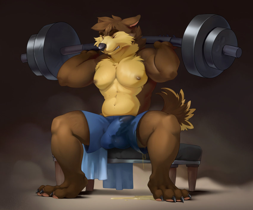 absurd_res anthro bodily_fluids bulge canid canine canis cerffou clothing desperation dumbbell genital_fluids hi_res male mammal omorashi peeing redtable simple_background solo sport underwear urine urine_on_self urine_pool watersports weights wetting wolf