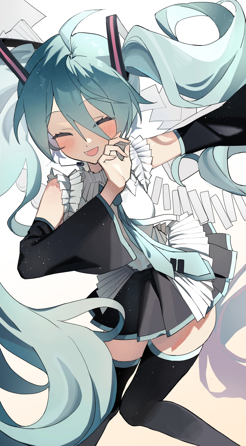 1girl absurdres ahoge blue_hair blush closed_eyes detached_sleeves elma07 hair_ornament hand_up hatsune_miku highres long_hair long_sleeves necktie open_mouth outstretched_arm pleated_skirt short_sleeves skirt smile solo thighhighs twintails very_long_hair vocaloid