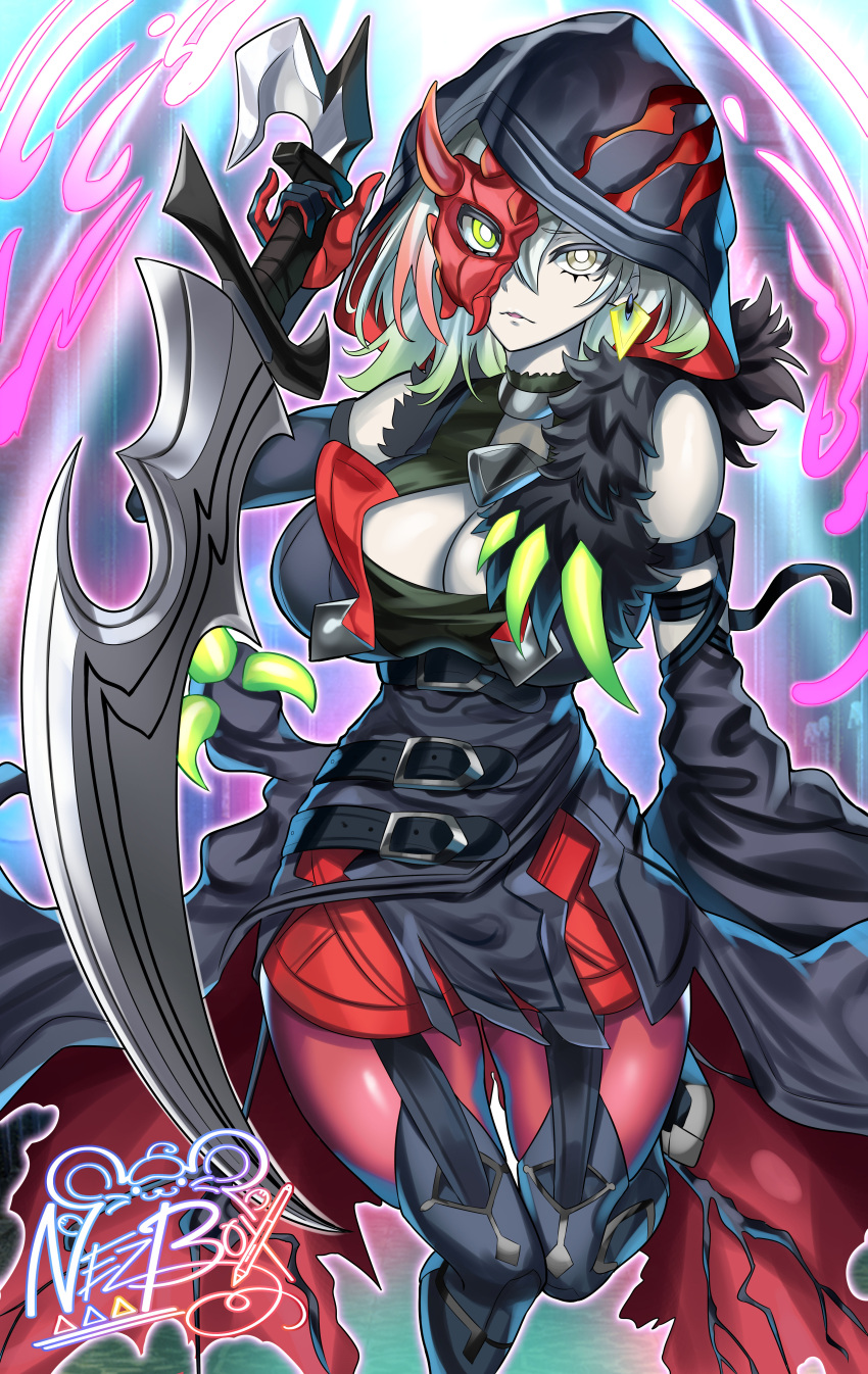 1girl absurdres belt black_dress breasts cleavage commission detached_sleeves diabellstar_the_black_witch dress duel_monster garter_straps green_eyes green_hair grey_eyes grey_hair half_mask heterochromia highres holding holding_sword holding_weapon hood large_breasts looking_at_viewer mask medium_hair multicolored_hair nez-box red_hair signature solo standing strapless strapless_dress sword thighhighs weapon yu-gi-oh!