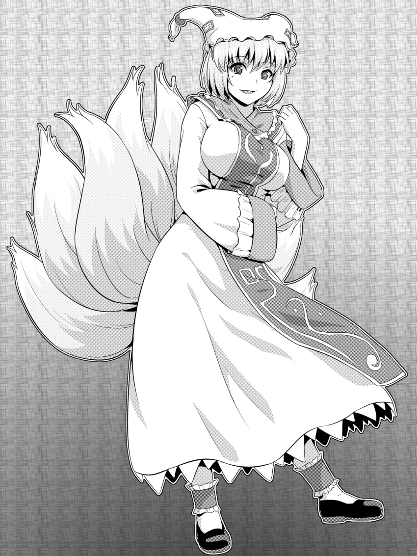 1girl breasts commentary_request dress fox_tail full_body greyscale hat highres kakone large_breasts long_sleeves looking_at_viewer mob_cap monochrome multiple_tails open_mouth short_hair short_sleeves solo tabard tail touhou wide_sleeves yakumo_ran