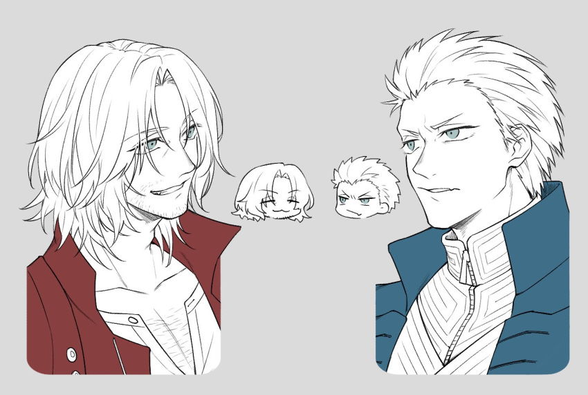 blue_coat blue_eyes coat dante_(devil_may_cry) devil_may_cry_(series) devil_may_cry_5 greyscale hair_slicked_back long_hair male_focus mise_yuzuki monochrome red_coat siblings smile twins vergil_(devil_may_cry)