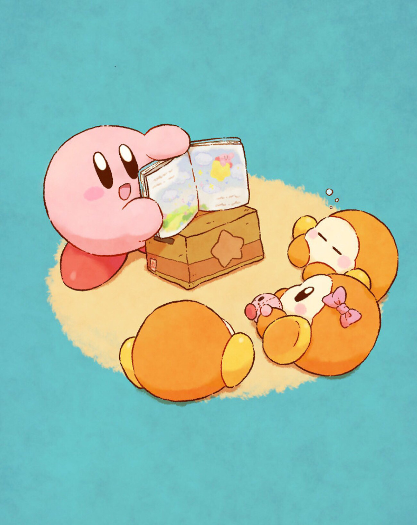 :d black_eyes blue_background blush_stickers book bow closed_eyes colored_skin harukui highres kirby kirby_(series) open_book open_mouth picture_book pink_bow pink_skin red_footwear shoes sitting sleeping smile star_(symbol) stuffed_toy waddle_dee yellow_footwear