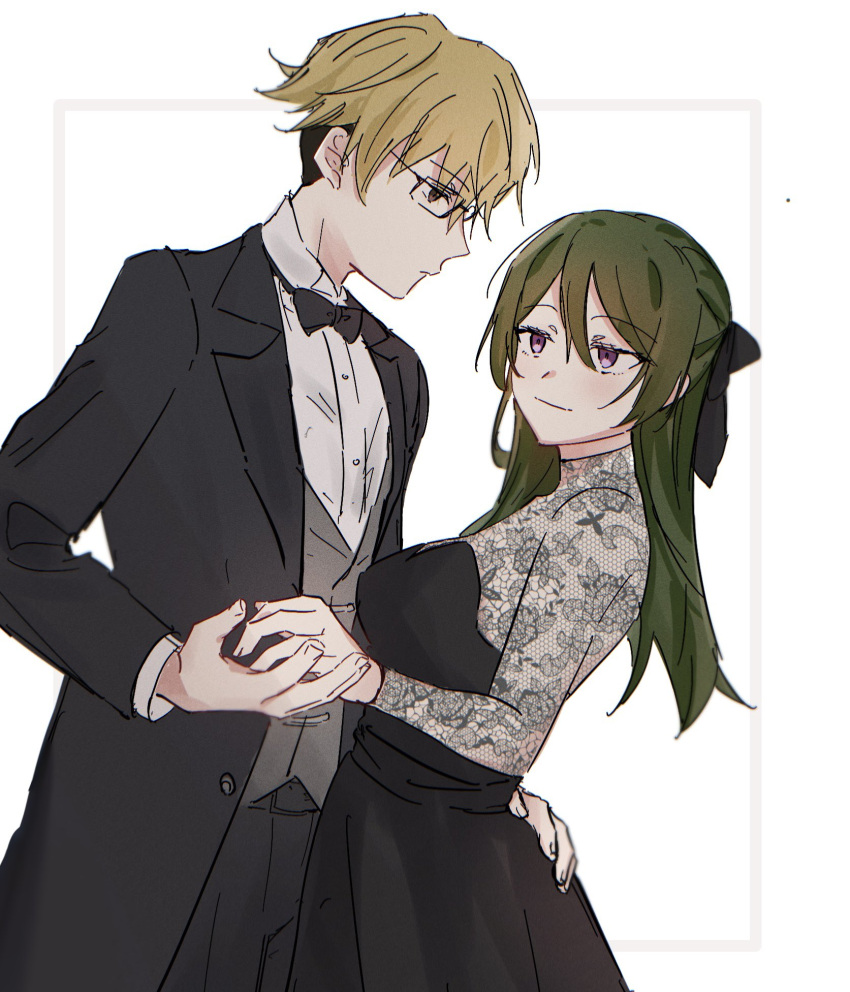 1boy 1girl black_bow black_bowtie black_dress black_suit blonde_hair bow bowtie commentary_request dress fenfenfen_naku formal glasses grey_vest hair_bow hair_down hand_on_another's_hip highres holding_hands land_(sousou_no_frieren) long_sleeves purple_eyes shirt short_hair simple_background smile sousou_no_frieren suit traditional_bowtie ubel_(sousou_no_frieren) upper_body vest white_background white_shirt