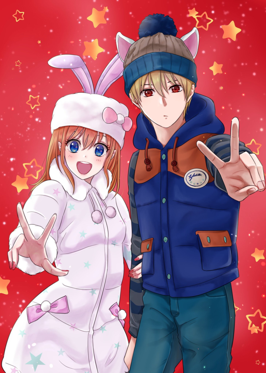 1boy 1girl :d animal_ears blue_eyes blue_pants blush bow brown_hair bunny_ears coat coupe fake_animal_ears fur_coat gintama hair_between_eyes hat hat_bow highres hood hood_down hooded_sweater kagura_(gintama) kuroneko_w1nter long_sleeves looking_at_viewer nail_polish okita_sougo open_mouth outstretched_arm pants pink_bow red_background red_eyes red_nails smile star starry_background striped_sleeves sweater v w white_coat white_hat winter_clothes winter_coat