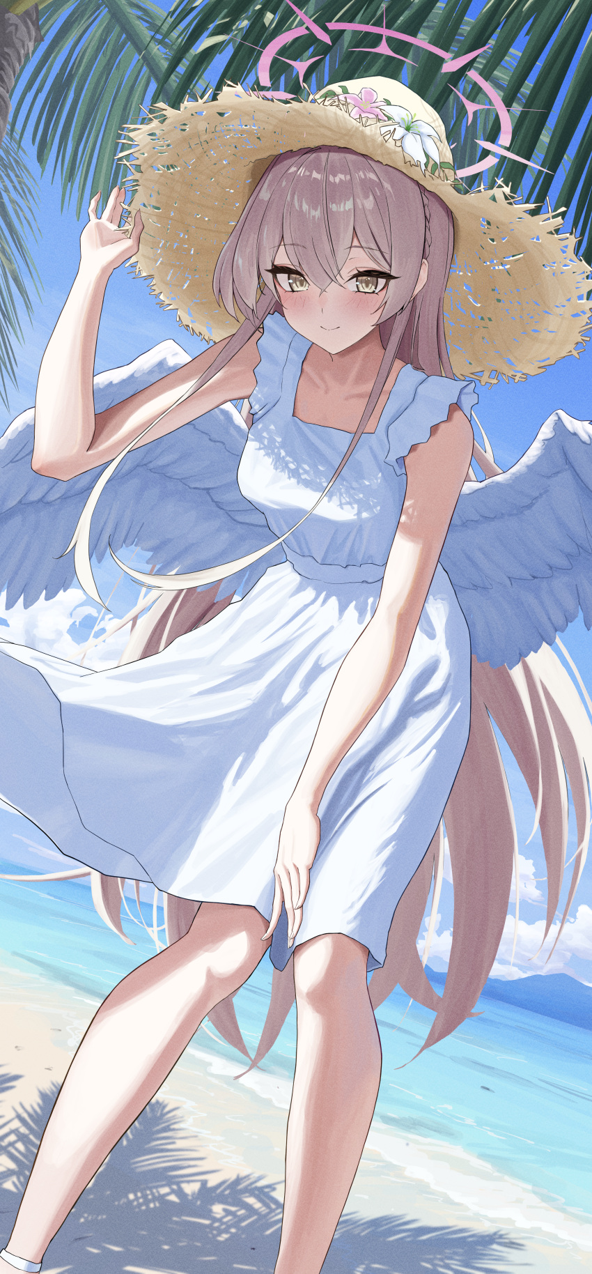 1girl absurdres angel_wings beach blue_archive blush bocchi_(kuropom7) breasts closed_mouth day dress feathered_wings feet_out_of_frame flower hair_between_eyes halo hat hat_flower highres light_brown_hair long_hair medium_breasts nagisa_(blue_archive) ocean outdoors pink_flower pink_halo smile solo straw_hat white_dress white_flower white_wings wings yellow_eyes