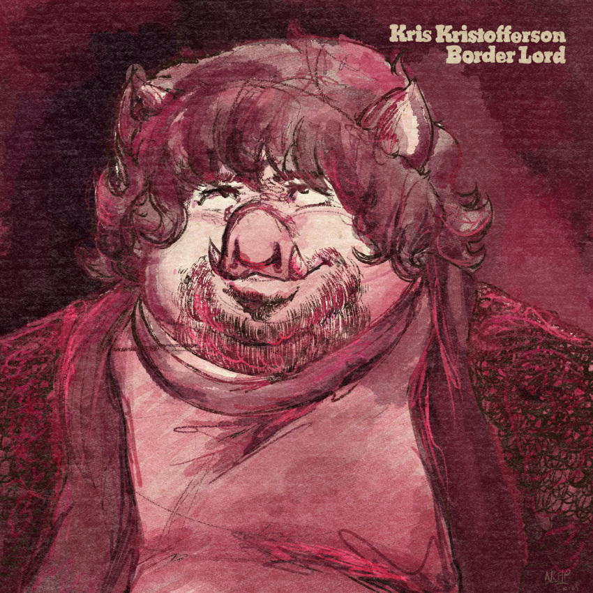 album_cover anthro border_lord brown_hair chubby_cheeks clothed clothing cover dave_cooper domestic_pig double_chin english_text facial_hair hair hi_res kris_kristofferson male mammal moobs nolovehugepleb obese obese_anthro obese_male overweight overweight_anthro overweight_male parody solo suid suina sus_(pig) text