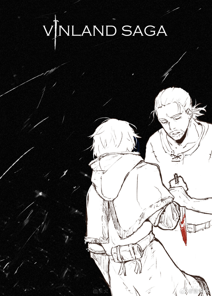 2boys age_comparison black_background blood blood_on_weapon closed_eyes comforting copyright_name dagger facial_hair from_behind goatee greyscale highres knife male_focus monochrome multiple_boys short_hair snowing symbolism thorfinn time_paradox tunic viking vinland_saga weapon zilaihuoye