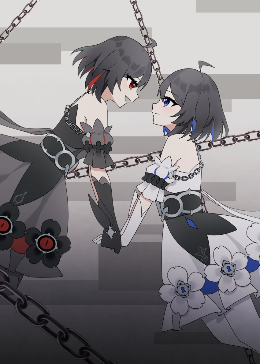 2girls :d absurdres ahoge bare_shoulders black_flower black_gloves black_hair blue_eyes blue_hair chain closed_mouth commentary_request dress elbow_gloves eye_contact feet_out_of_frame flower from_side gloves grey_background grey_dress h2o_omizu hair_between_eyes highres holding_hands honkai_(series) honkai_impact_3rd looking_at_another multicolored_hair multiple_girls pantyhose profile red_eyes red_hair seele_(alter_ego) seele_vollerei smile two-tone_hair white_dress white_flower white_gloves white_pantyhose