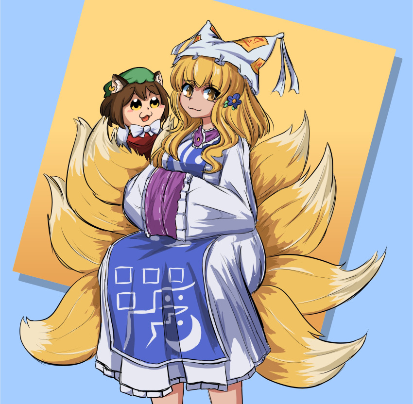 2girls :3 animal_ear_piercing animal_ears blonde_hair blue_background blue_flower cat_ears chen commentary commission dress emby_otakon english_commentary flower fox_tail hair_flower hair_ornament hands_in_opposite_sleeves hat highres medium_hair mob_cap multiple_girls multiple_tails tabard tail touhou two-tone_background white_dress yakumo_ran yellow_background yellow_eyes