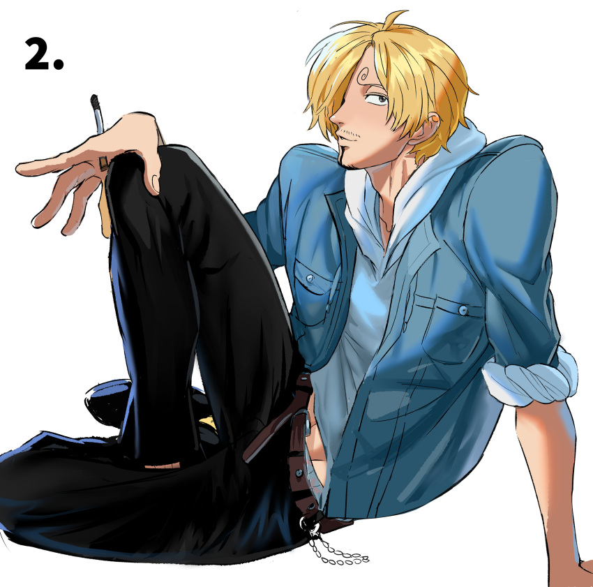 1boy absurdres alternate_costume belt black_eyes black_footwear black_pants blonde_hair cigarette curly_eyebrows denim denim_jacket english_commentary facial_hair hair_over_one_eye highres holding holding_cigarette hood hood_down hoodie jacket male_focus male_underwear male_underwear_peek one_piece pants rita_ya sanji_(one_piece) simple_background sitting smile solo underwear white_background white_hoodie