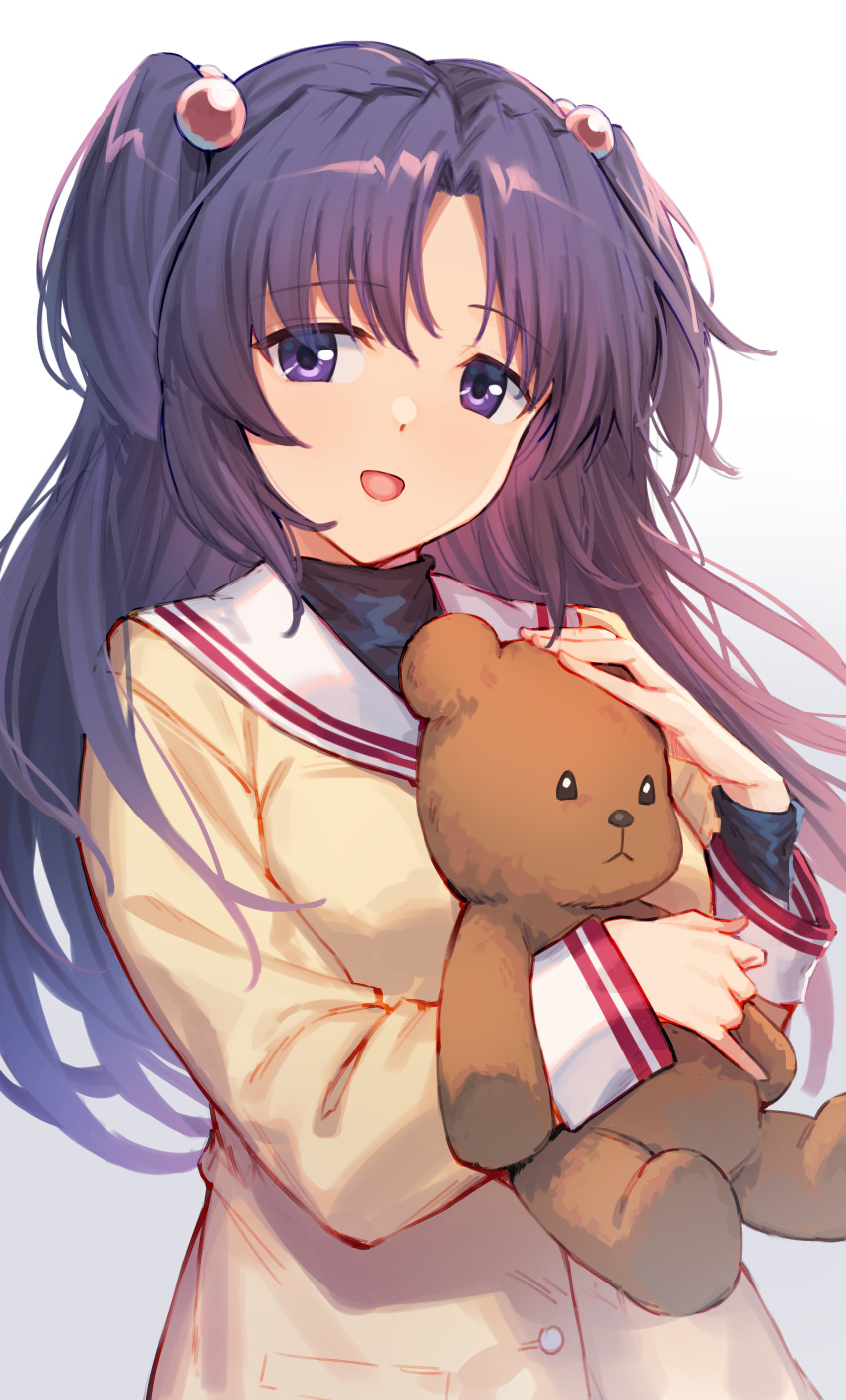 1girl absurdres blue_hair clannad hair_bobbles hair_ornament highres hikarizaka_private_high_school_uniform hugging_doll hugging_object ichinose_kotomi jacket kimi_tsuru long_hair looking_at_viewer purple_eyes sailor_collar school_uniform serafuku simple_background smile solo stuffed_animal stuffed_toy teddy_bear two_side_up upper_body white_background white_sailor_collar yellow_jacket