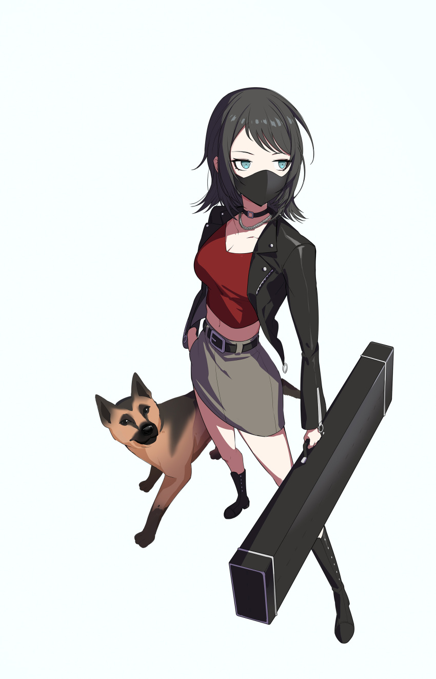 1girl absurdres bang_dream! bang_dream!_it's_mygo!!!!! belt black_choker black_footwear black_hair black_jacket black_mask blue_eyes boots breasts chain_necklace choker cleavage commentary_request dated_commentary dog full_body grey_skirt highres holding_case instrument_case jacket jewelry knee_boots large_breasts long_hair mask midriff mouth_mask navel necklace open_clothes open_jacket red_shirt shirt simple_background skirt solo white_background yahata_umiri yzj21333