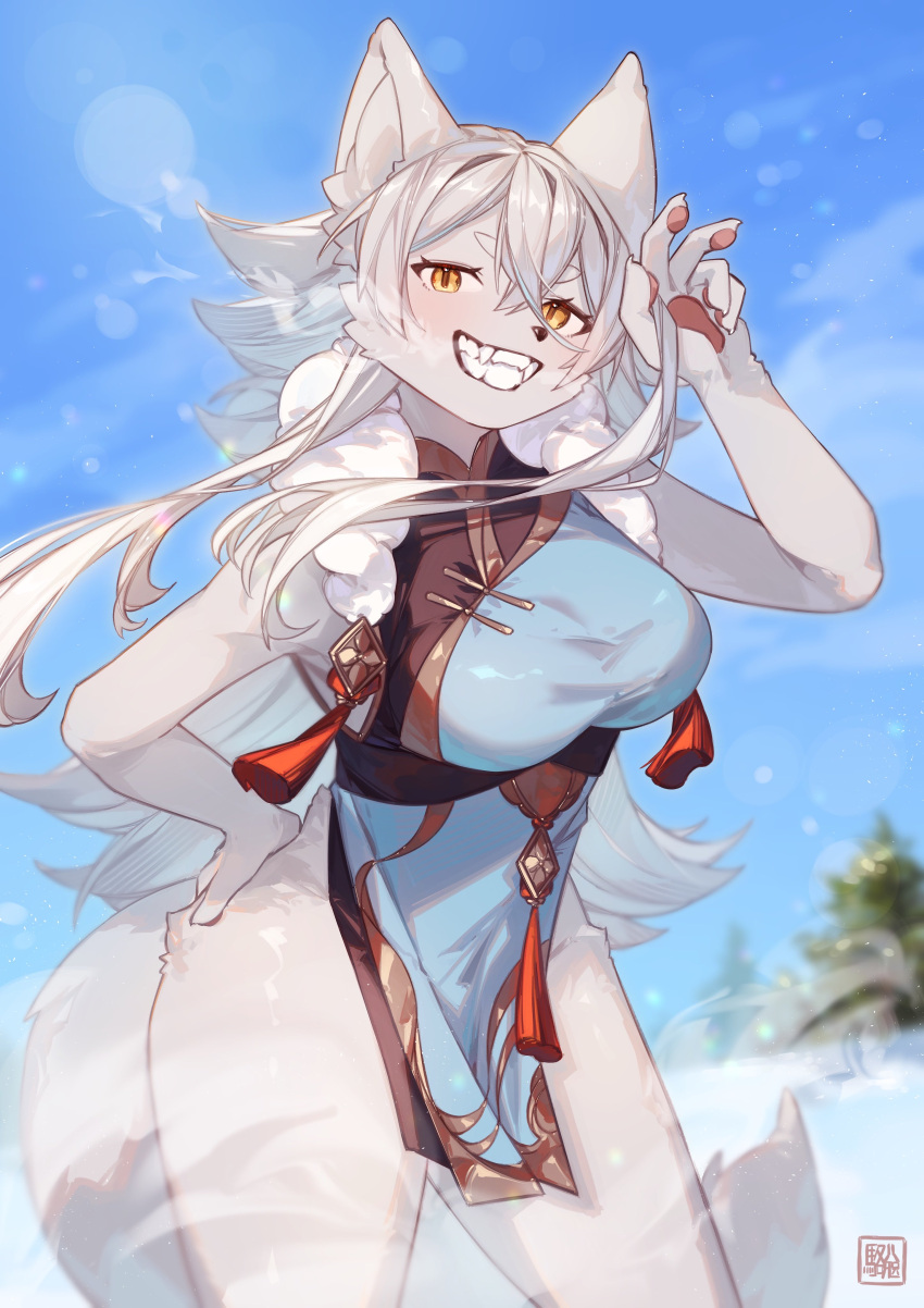 2023 absurd_res anthro asian_clothing canid canine canis clenched_teeth clothing east_asian_clothing female fur hair hi_res japanese_clothing kawarage_yatano looking_at_viewer mammal solo tail teeth white_body white_fur wolf yellow_eyes