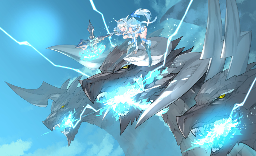 1girl animal_ear_fluff animal_ears armored_boots axe blue_bow blue_eyes blue_ribbon blue_thighhighs boots bow breasts capelet cat_ears cat_girl cat_tail cleavage detached_collar dobrynya_nikitich_(fate) dobrynya_nikitich_(second_ascension)_(fate) dragon dragon_horns dragon_riding dress fate/grand_order fate_(series) fur-trimmed_capelet fur_trim game_cg hairband highres holding holding_axe holding_weapon horns large_breasts long_hair official_art ribbon robina short_dress tail thighhighs weapon white_capelet white_hair