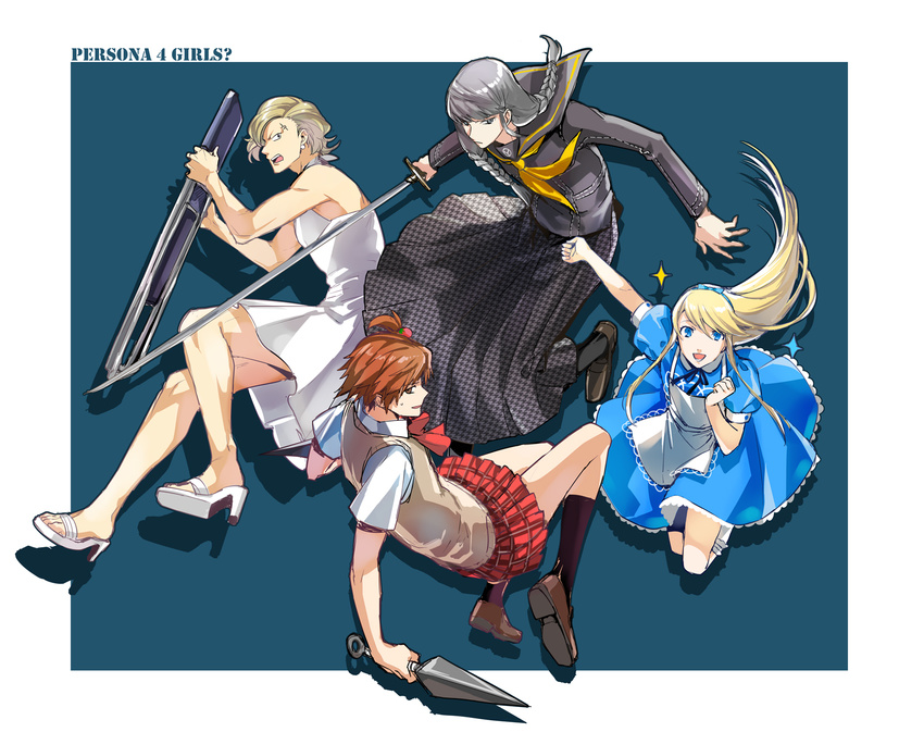 apron ascot bangs bare_shoulders blonde_hair blue_background blue_eyes braid brown_eyes brown_hair chair checkered copyright_name cosplay crossdressing dress folding_chair full_body grey_hair hairband hanamura_yousuke high_heels highres holding holding_sword holding_weapon katana kuma_(persona_4) kunai long_skirt male_focus marilyn_monroe marilyn_monroe_(cosplay) multiple_boys narukami_yuu obo persona persona_4 pleated_skirt scar school_uniform side_ponytail simple_background skirt swept_bangs sword tatsumi_kanji twin_braids weapon