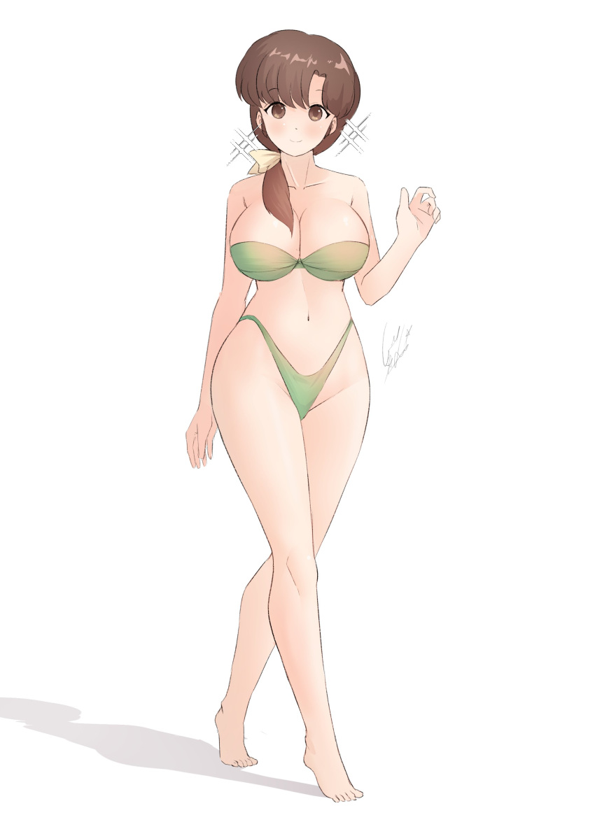 1girl absurdres barefoot bikini blush bow breasts brown_eyes brown_hair cleavage closed_mouth collarbone full_body geraldjess1 green_bikini hair_bow hand_up highres large_breasts long_hair medium_hair navel ranma_1/2 simple_background smile solo sparkle swimsuit tendou_kasumi toes walking white_background yellow_bow