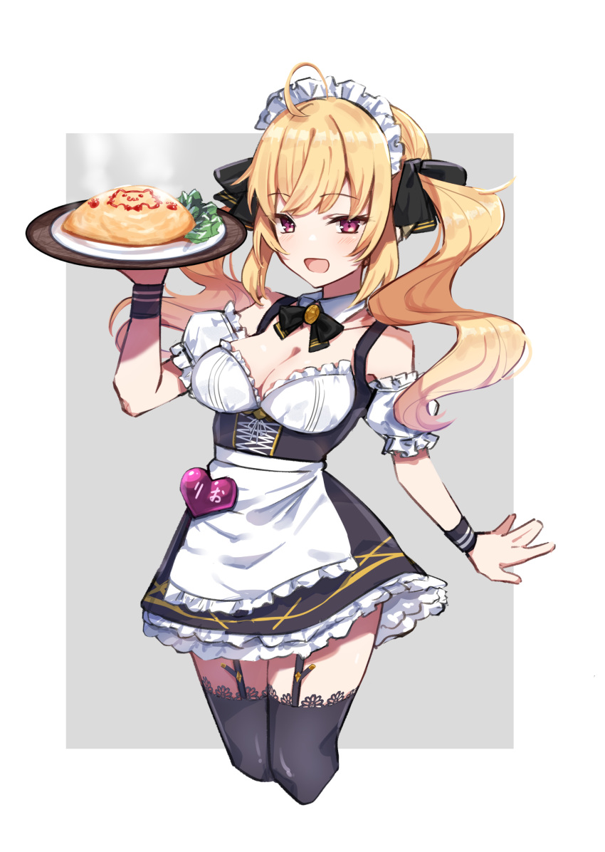 1girl :d absurdres ahoge apron arm_at_side black_thighhighs blonde_hair border bow breasts cleavage collar cropped_legs detached_collar detached_sleeves dress food frilled_apron frilled_dress frilled_sleeves frills garter_straps grey_background hair_bow hand_up heart highres holding holding_plate light_blush long_hair looking_at_viewer maid maid_headdress medium_breasts mm_(mm_chair) nijisanji omelet omurice open_mouth outside_border pink_eyes plate puffy_short_sleeves puffy_sleeves short_dress short_sleeves simple_background sleeveless sleeveless_dress smile solo takamiya_rion thighhighs twintails virtual_youtuber wavy_hair white_apron white_background white_collar white_headdress white_sleeves wristband