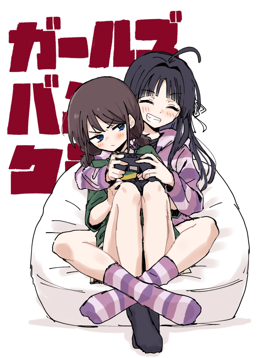 2girls :/ :d annoyed awa_subaru bean_bag_chair between_legs black_hair black_socks blue_eyes blush brown_hair choppy_bangs closed_eyes controller crossed_ankles facing_viewer full_body game_controller girls_band_cry green_shirt grin highres holding holding_controller holding_game_controller hood hood_down hoodie iseri_nina leaning_to_the_side leg_lock long_sleeves looking_at_another multicolored_socks multiple_girls no_shoes open_mouth pajamas parted_bangs purple_hoodie purple_socks shirt sideways_glance sitting smile socks suranachal112 teeth v-shaped_eyebrows white_background yuri