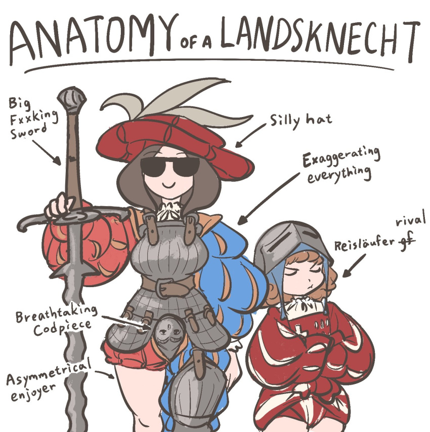 2girls anatomy_of_a_gamer_(meme) armor blonde_hair boobplate breastplate brown_hair codpiece english_text hat hat_feather helmet highres holding holding_weapon ironlily landsknecht landsknecht_(ironlily) long_sleeves meme multiple_girls original puff_and_slash_sleeves puffy_long_sleeves puffy_sleeves reislaeufer_(ironlily) simple_background smile sword weapon white_background