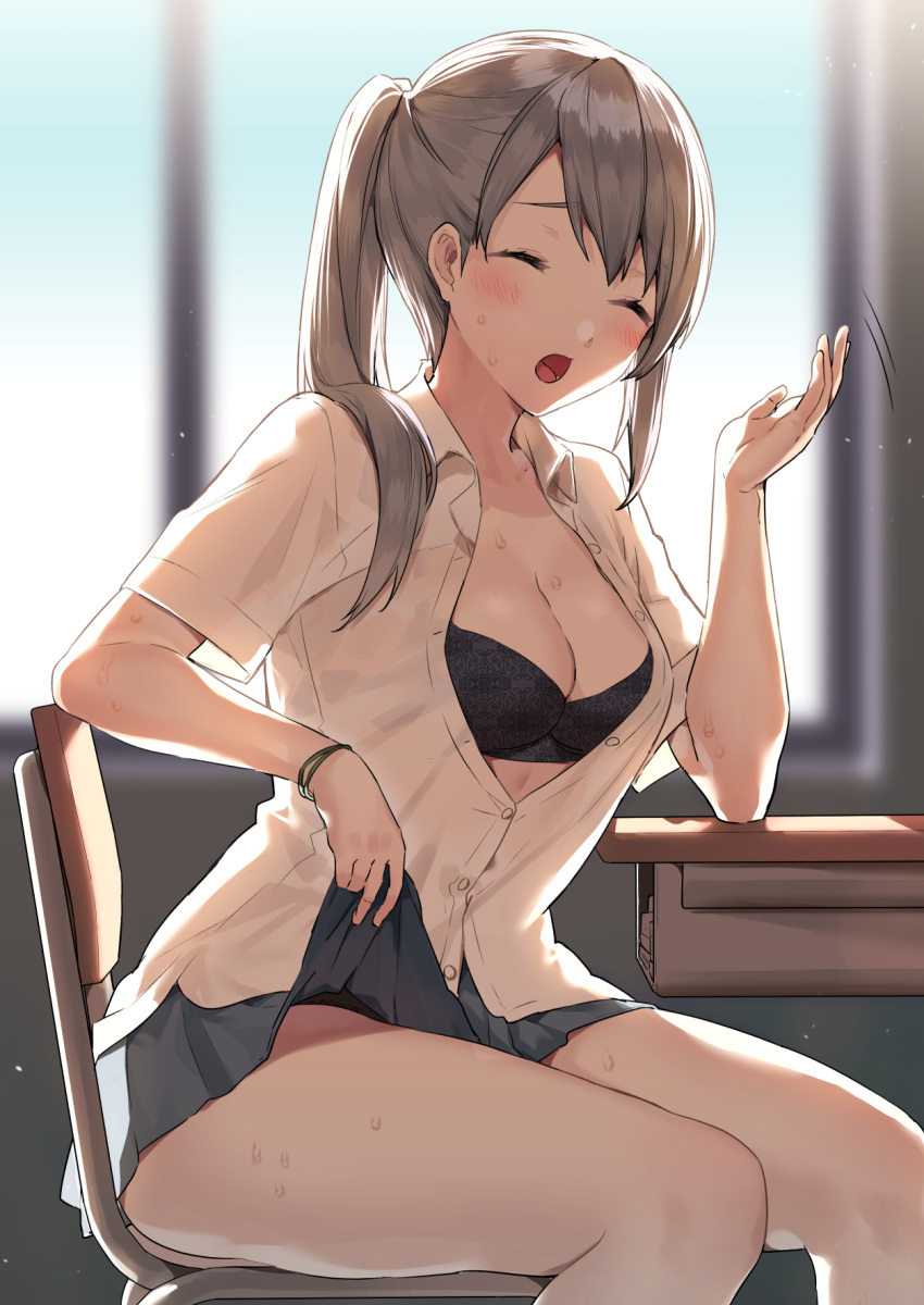 1girl black_bra black_panties blue_skirt blurry blurry_background blush bra bracelet breasts brown_hair chair classroom cleavage closed_eyes clothes_lift collared_shirt commentary_request desk elbow_rest hand_up highres hot indoors itohana jewelry lifted_by_self long_hair looking_at_viewer miniskirt open_mouth original panties panty_peek partially_unbuttoned ponytail school_chair school_desk school_uniform see-through shirt short_sleeves sitting skirt skirt_lift solo sweat tongue underwear white_shirt