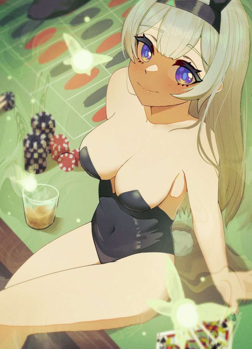 1girl animal_ears bare_shoulders black_hairband black_leotard breasts commentary cup drinking_glass fake_animal_ears firefly_(honkai:_star_rail) grey_hair hairband highres honkai:_star_rail honkai_(series) large_breasts leotard poker_chip rabbit_ears sitting solo strapless strapless_leotard thighs yellow_glasses_(odivichno)